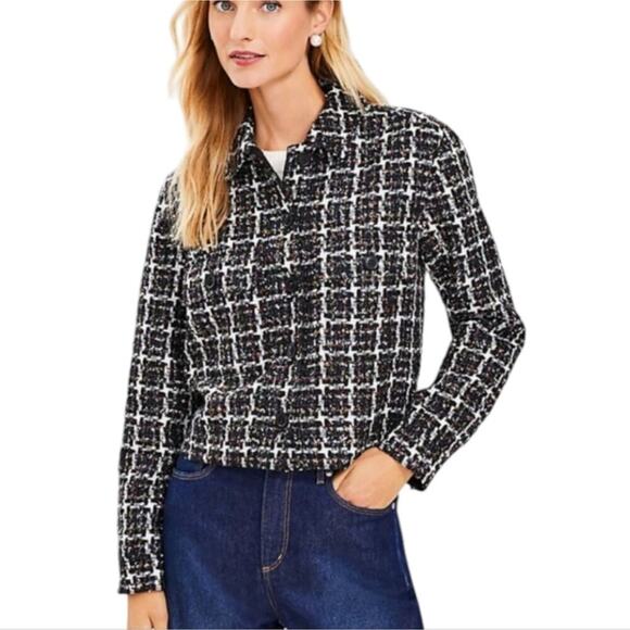 LOFT Shimmer Metallic Tweed Cropped Jacket Blazer Coat Button Up Size Large New - Picture 1 of 10